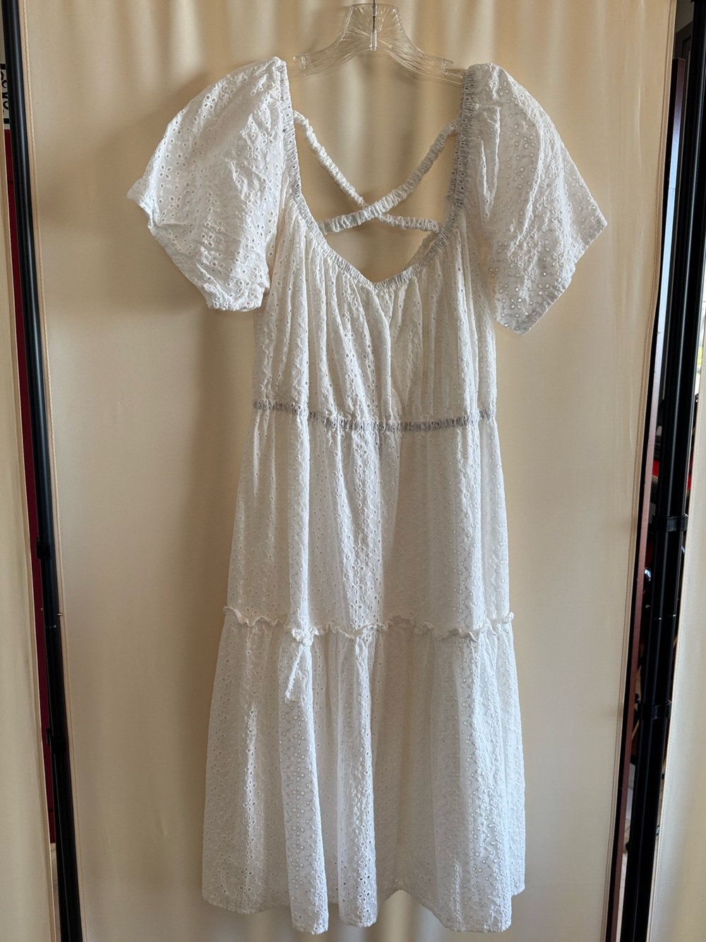 White Eyelet Backless Midi Dress with Puff Sleeves size L